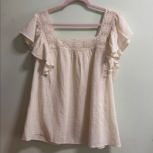 Max Studio Pale Blush Crochet Yoke Flutter-Sleeve Top